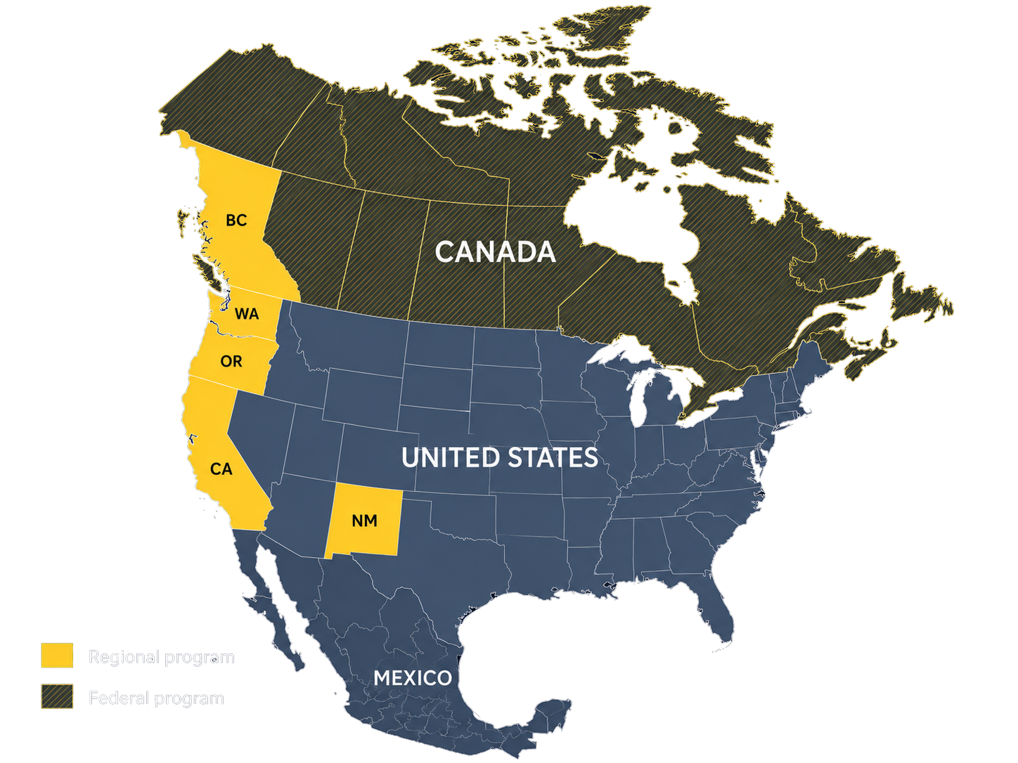 Map of North America highlighting jurisdictions with active clean fuel programs. Regional programs in British Columbia, Washington, Oregon, California, and New Mexico. Canada federal program shown as hatched overlay.